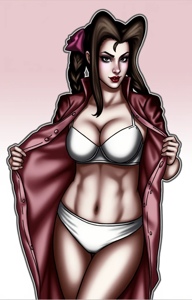 (masterpiece, best quality)), ((((perfect anatomy)))), Aerith Gainsborough, Caucasian woman with long brown braided hair, pink hair bow, dark eye-shadow, dark red lipstick, opening up pink dress, red jacket , (((white cotton bikini panties))), white bra, smiling, (((realistic art style)))