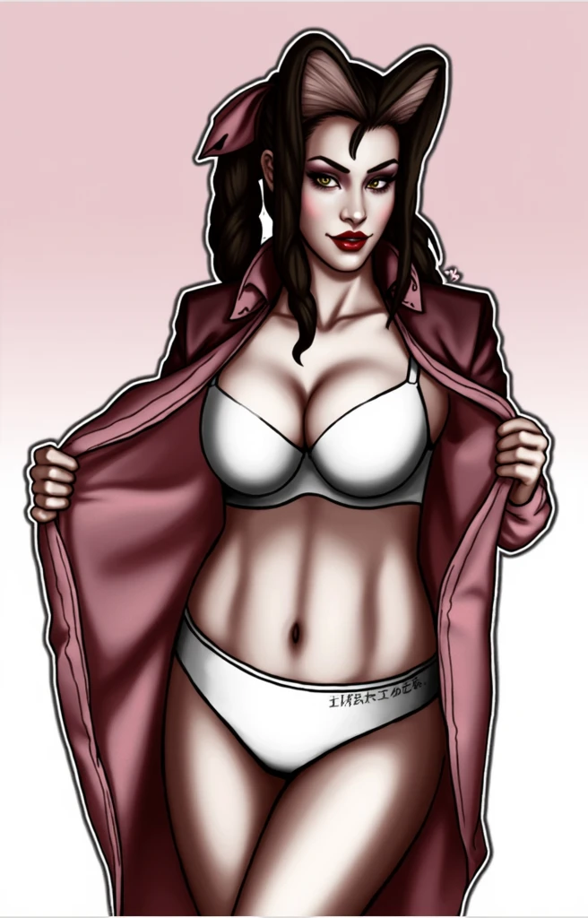 (masterpiece, best quality)), ((((perfect anatomy)))), Aerith Gainsborough, Caucasian woman with long brown braided hair, pink hair bow, dark eye-shadow, dark red lipstick, opening up pink dress, red jacket , (((white cotton bikini panties))), white bra, smiling, (((realistic art style)))