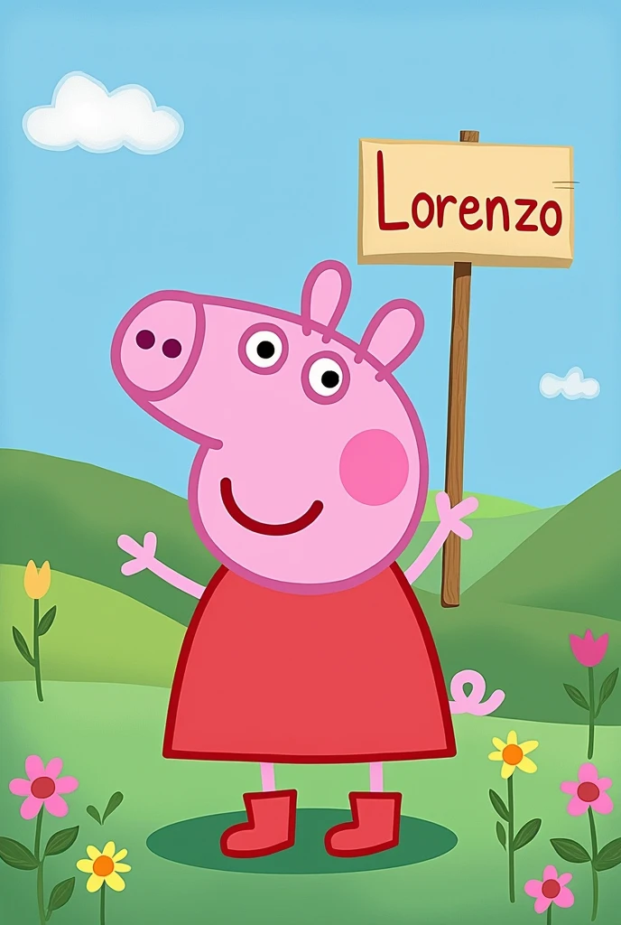 Peppa holding a sign with the name Lorenzo 