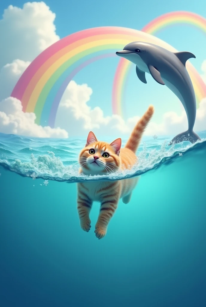 Generate an image of a cat in the sea, add more perfect rainbows, now add a dolphin
