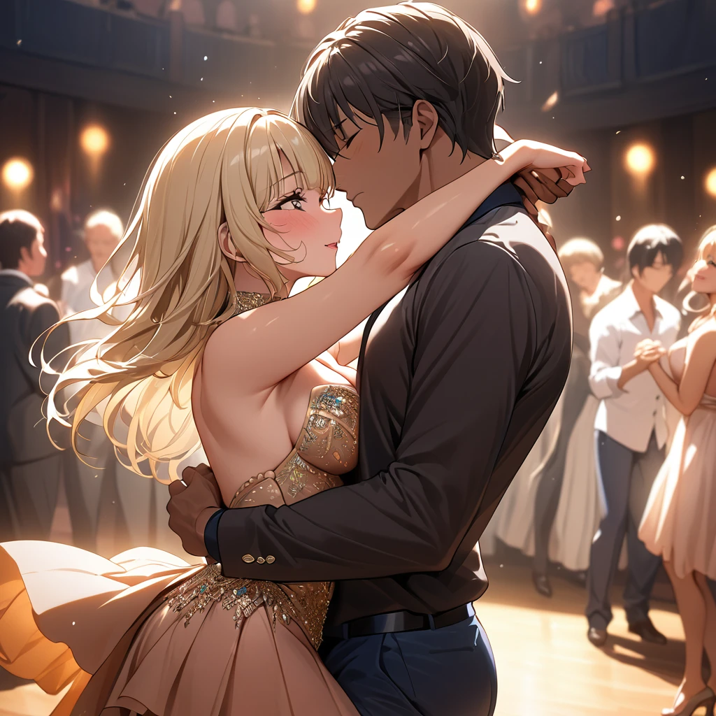 ((Highest quality)), ((masterpiece)), (detailed), （Perfect Face）、The woman is Reika Aoki, a Latin American with brown skin and medium-long blonde hair.、Woman wears Latin dance dress in South America、The woman is dancing passionately with the man, kissing and hugging him while he fondles her breasts, and the man proposes to her.