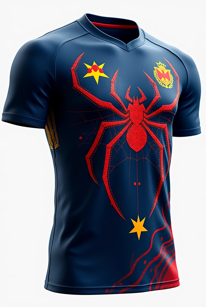 Create an Australia team jersey , With blue colors, red and white , and a spider