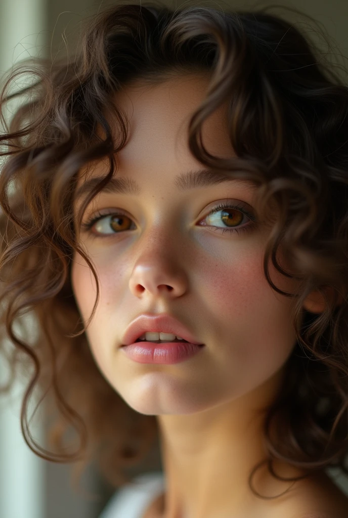 A picture of a girl with brown curly hair and brown eyes, light brunette 