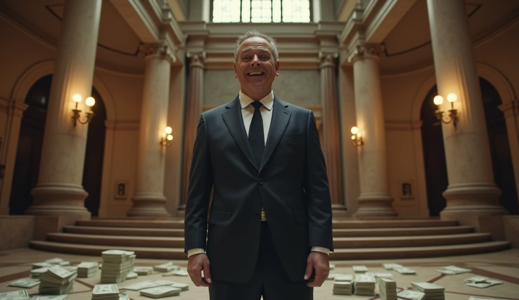 Photo. crime. man in suit smiling excessively. stage in a bank. embezzlement.