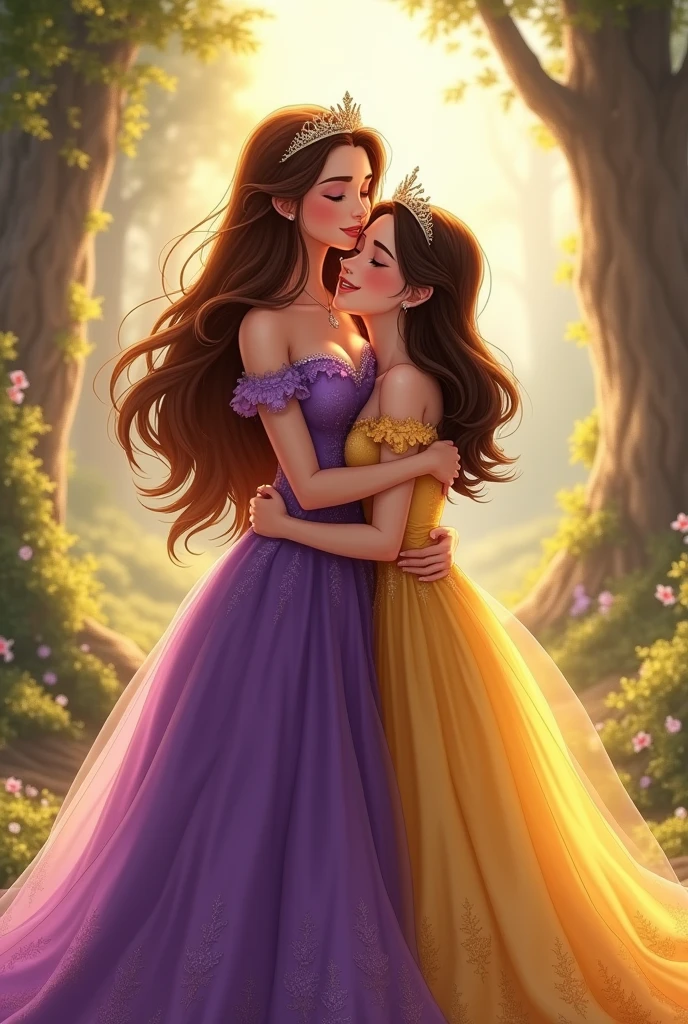 I need an image where you can see the mother and her daughters where they look like princesses, the mother with brown hair and long purple dress and the daughters with yellow dresses, One sister with a long dress and brown hair and the other sister with black hair and a short dress, the three of them hugging each other