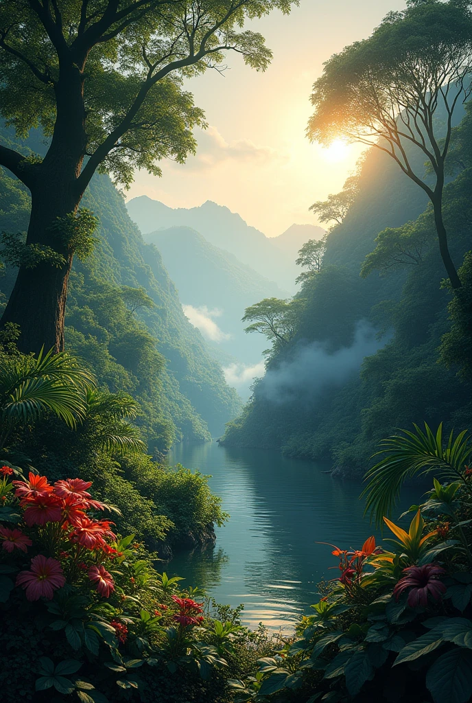 Create a realistic and exotic natural landscape as a backdrop for a thought-provoking message. The image should depict a serene scene at dawn, with a tranquil river winding through a dense rainforest, surrounded by distant mountains shrouded in mist. Towering trees and lush vegetation mingle with colorful flowers, creating an atmosphere of tranquility and mystery. The sky should have soft shades of blue and gold, with the light of the rising sun filtering through the leaves, symbolizing the beginning of a new day and the continuous changes in life. This natural environment should convey a sense of introspection and transformation., ideal to accompany a reflective text on impermanence and personal evolution.