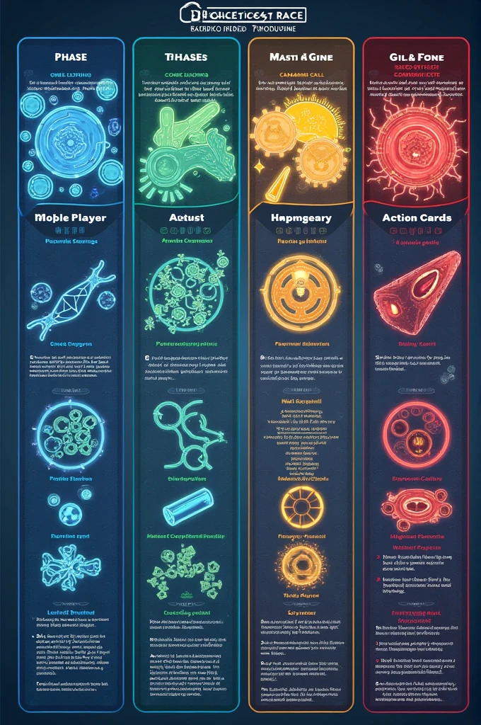 Deck of cards with the following specifications To create the card game "BioCards: Recombinant Race", Here is a detailed list of the cards that must be implemented, classified by type and color. Each card has a specific function that reflects aspects of the biotechnological process..
### **1. Phase Cards (30 cards in total, 5 of each type per color)**
Each phase is associated with a color and represents a critical step in the production of recombinant proteins..
- **Gene cloning**:
- green (bacteria)
- blue (Mammalian cells)
- red (Yeasts)
- yellow (Advanced techniques)
- **Expression**:
- green (bacteria)
- blue (Mammalian cells)
- red (Yeasts)
- yellow (Advanced techniques)
- **crop**:
- green (bacteria)
- blue (Mammalian cells)
- red (Yeasts)
- yellow (Advanced techniques)
- **Purification**:
- green (bacteria)
- blue (Mammalian cells)
- red (Yeasts)
- yellow (Advanced techniques)
- **QA**:
- green (bacteria)
- blue (Mammalian cells)
- red (Yeasts)
- yellow (Advanced techniques)
- **Scaling and Marketing**:
- green (bacteria)
- blue (Mammalian cells)
- red (Yeasts)
- yellow (Advanced techniques)
### **2. Action Cards (32 cards in total)**
These cards introduce strategies, challenges and effects that can change the course of the game.
- **Mutation** (Skip the next player's turn):
- 4 cards (1 for each color: green, blue, red, yellow)
- **pollution** (The next player loses a turn):
- 4 cards (1 for each color: green, blue, red, yellow)
- **Technical Failures** (The next player discards a Phase card):
- 4 cards (1 for each color: green, blue, red, yellow)
- **Regulations** (Change the color of the required phase, similar a "wild"):
- 8 cards (2 for each color: green, blue, red, yellow)
- **Collaboration** (Exchange a card with another player