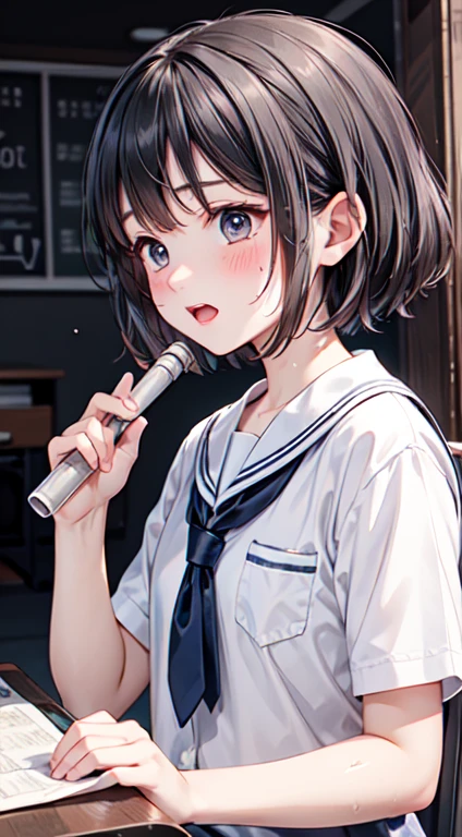 Highest quality,Ultra-wide angle composition、Elementary school girl　Sweaty face　cute　short hair　boyish　My hair is wet with sweat　Playing the recorder　Blissful expression