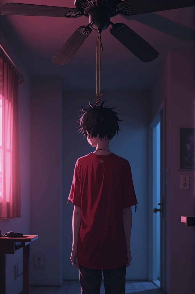 A 20 year old anime boy wearing a red damages stylish tshirt, hanging himself on the fan with the help of rope in a dark closed room with little dim violet and pink light.