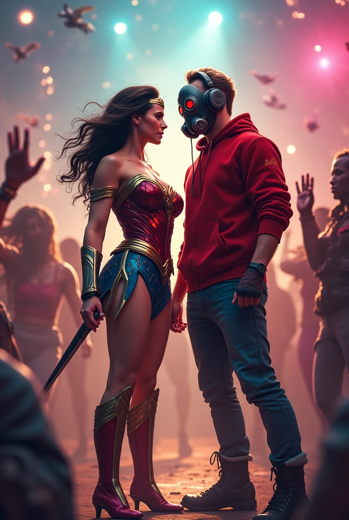 Wonder woman, realistic, big breasts, full body, microphone & Young Star-lord with red hoodie, headphones, Star-lord helmet, rocket boots, gas helmet, covered face, round red eyes, front cover, touching the Dj, party, round eyes, free air, fly in the sky.