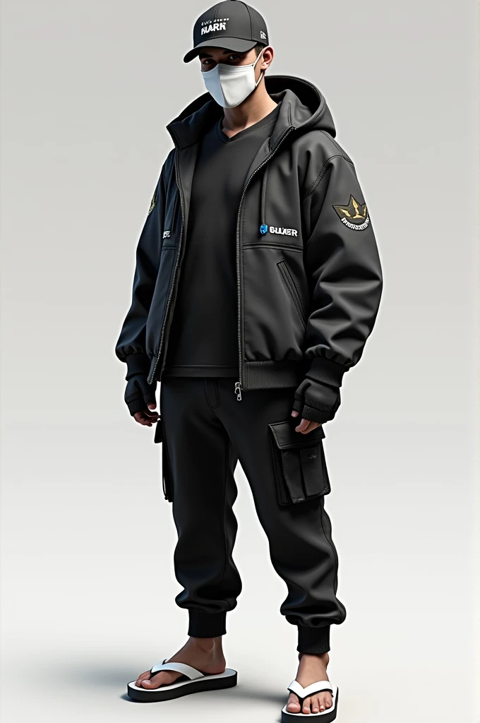 Free Fire character, hat, white mask, black jacket, black pants and white flip-flops