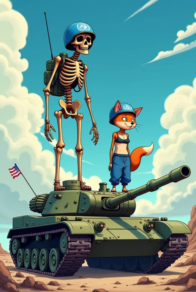 Brazilian skeleton soldier with UN helmet, with the company of a furry fox in a bra and sweatpants with a UN helmet on top of a destroyed tank on a peace mission in a cute sensual anime drawing.