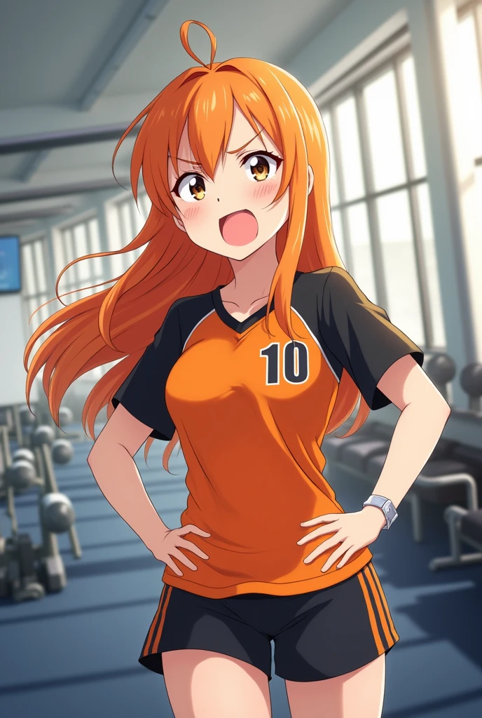 Haikiyuu, anime, gym, long loose orange hair, light brown eyes, Karasuno team clothing orange on the inside and black on the sides with the number 10,female, annoyed.