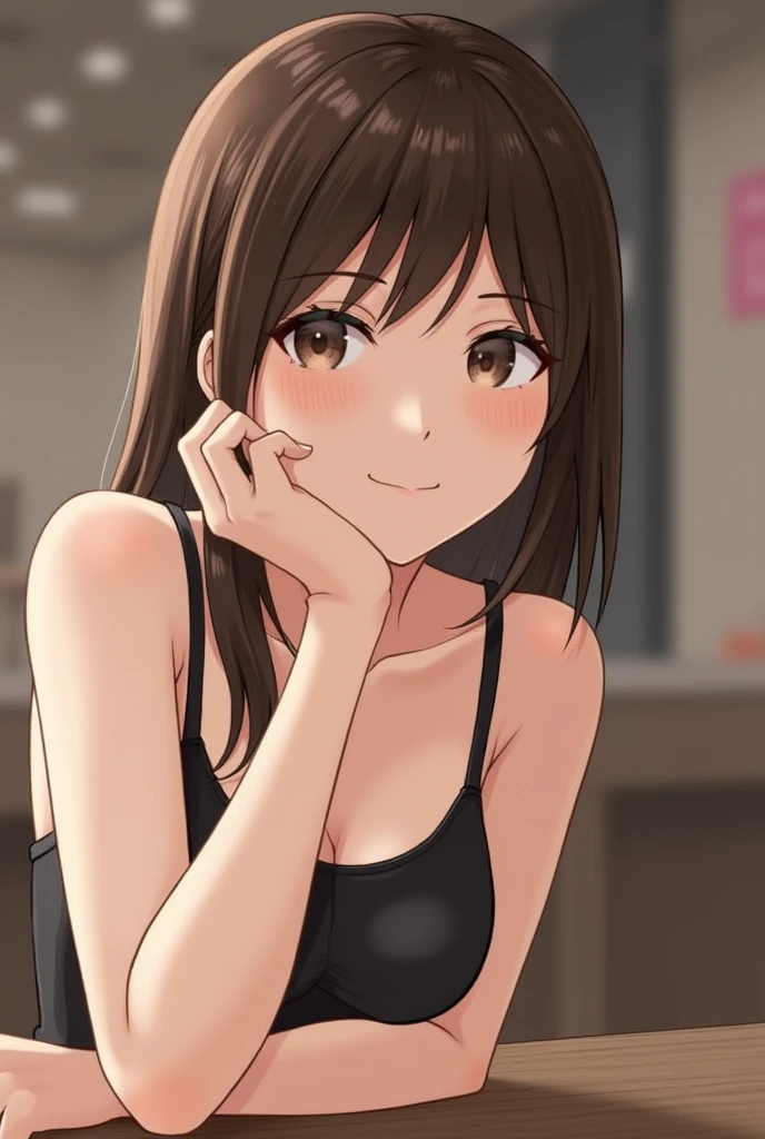 Highest quality、Japanese、1、Brown Hair、private、(1 person)、(slender:1.2)、(Black camisole:1.3)、Cafe、smile、Resting one's chin on one's elbow