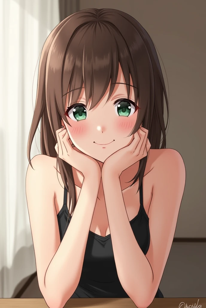 Highest quality、Japanese、1、Brown Hair、private、(1 person)、(slender:1.2)、(Black camisole:1.3)、Cafe、smile、Resting one's chin on one's elbow