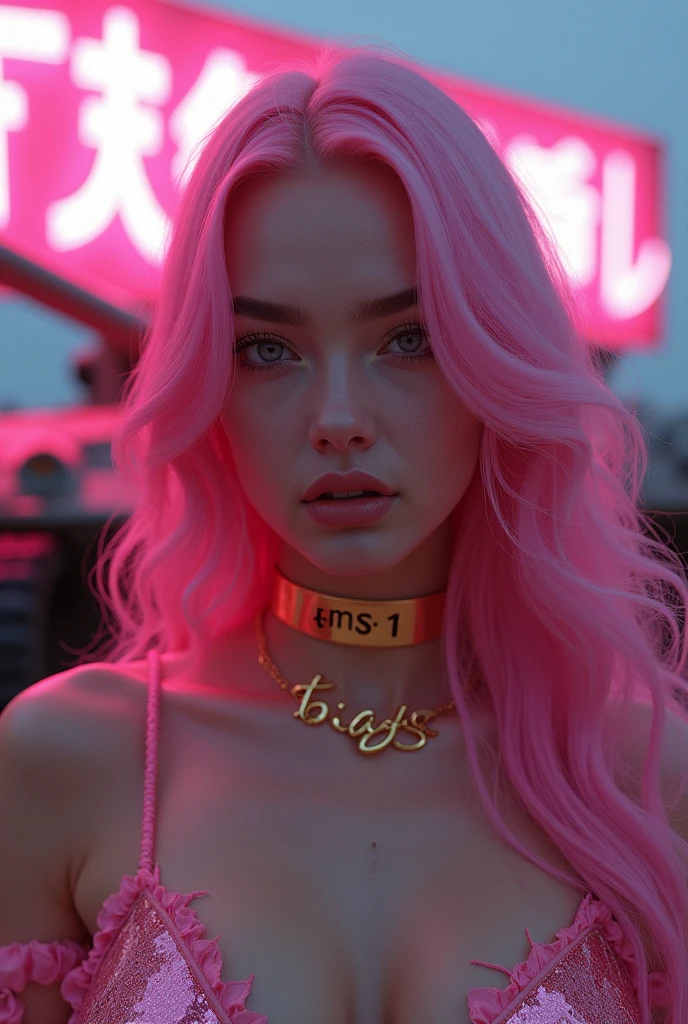 1 woman with exuberant beauty, With long hair, vibrant pink wavy hair, looking at the viewer with piercing eyes. The woman has a gold choker collar around her neck that says “THAY.” Behind her is a military tank with tracked wheels and some pink details and a luminous sign that says “FMS 1 , high resolution, HD Model, ultra HD, super detaill, 品質,