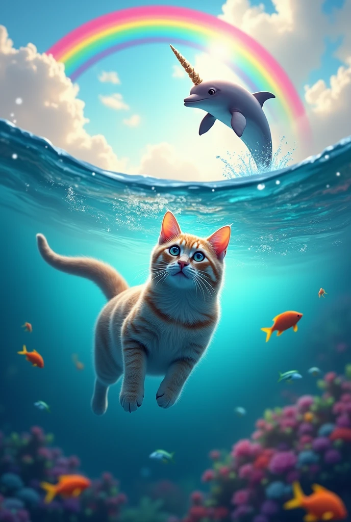 Generate an image of a cat in the sea add more rainbows perfect now add a dolphin perfect now add a unicorn and more rainbows