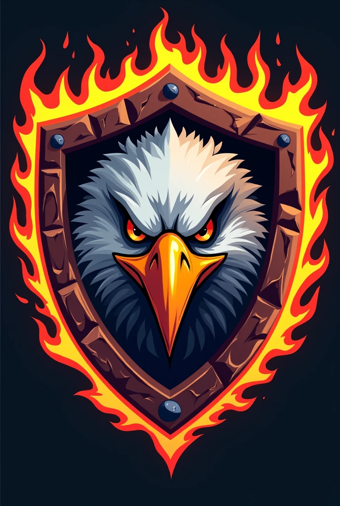 Create a cartoon image of an eagle's face inside a shield, in the shape of a rock team emblem with flames surrounding the shield, in the style of super ducks