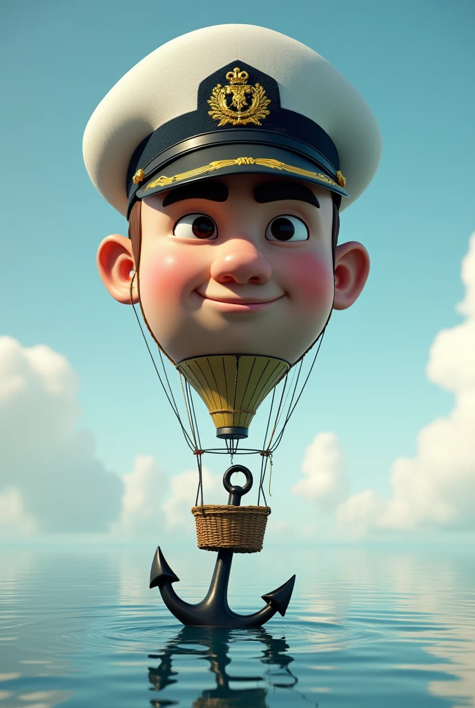 a balloon with a face of navy officer with cap pulling an anchor with ropes, anchor a little submerged, 8K, High Quality