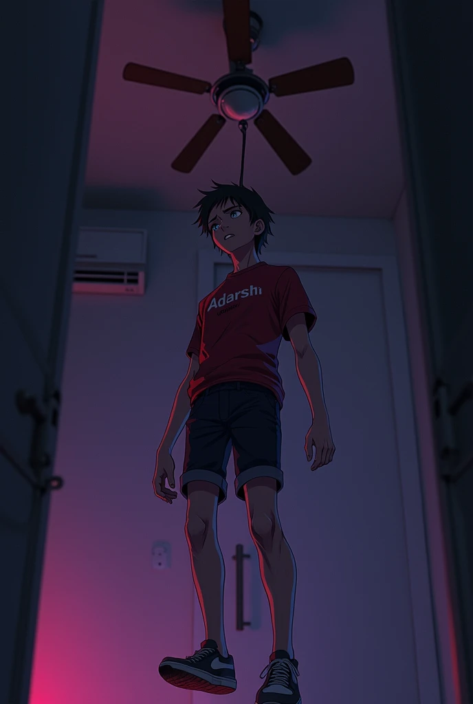 A 20 year old anime boy wearing a red damages stylish tshirt, with ADARSH written over it, hanging himself on the fan with the help of rope in a dark closed room with little dim violet and pink light.