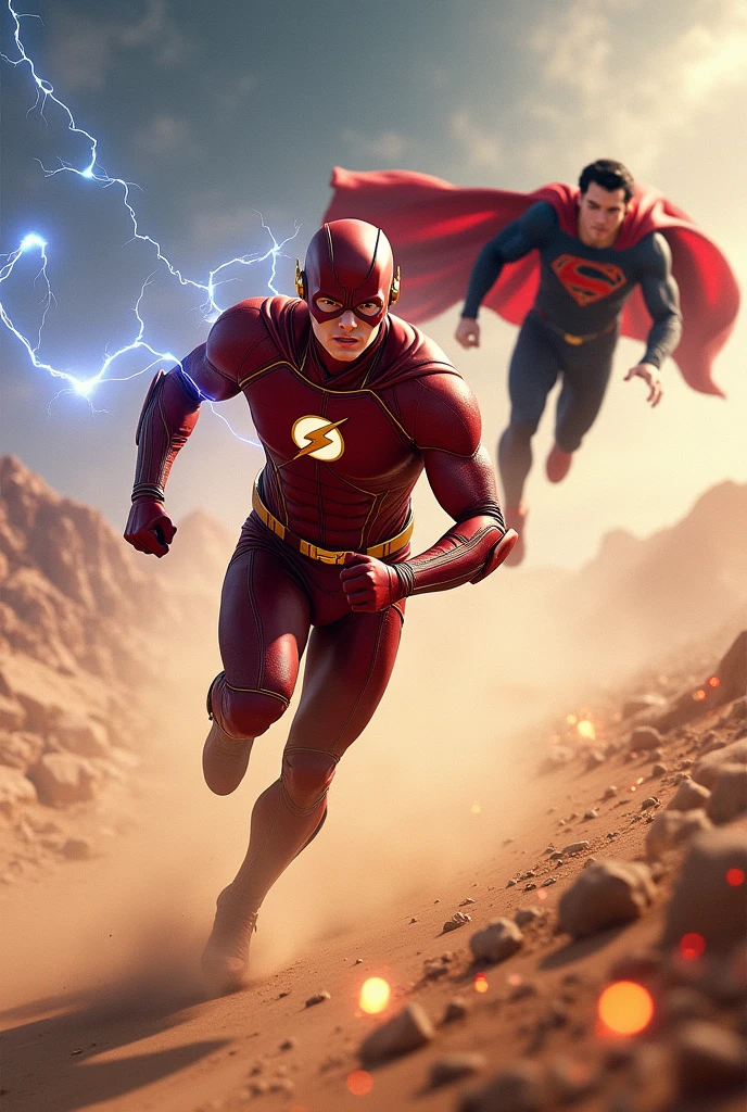 I want an illustration of Ezra Miller's Flash with Asian features and an aquiline nose., with large copper armor on his body and running in the desert between blue electric rays and chased behind by Henry Cavill's Superman in a black suit and a flying black cape and the shield with the silver letter S on his chest, Shooting red rays from his eyes
