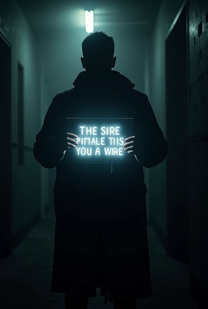 Creates a man in the dark holding a sign saying X with black and white neon