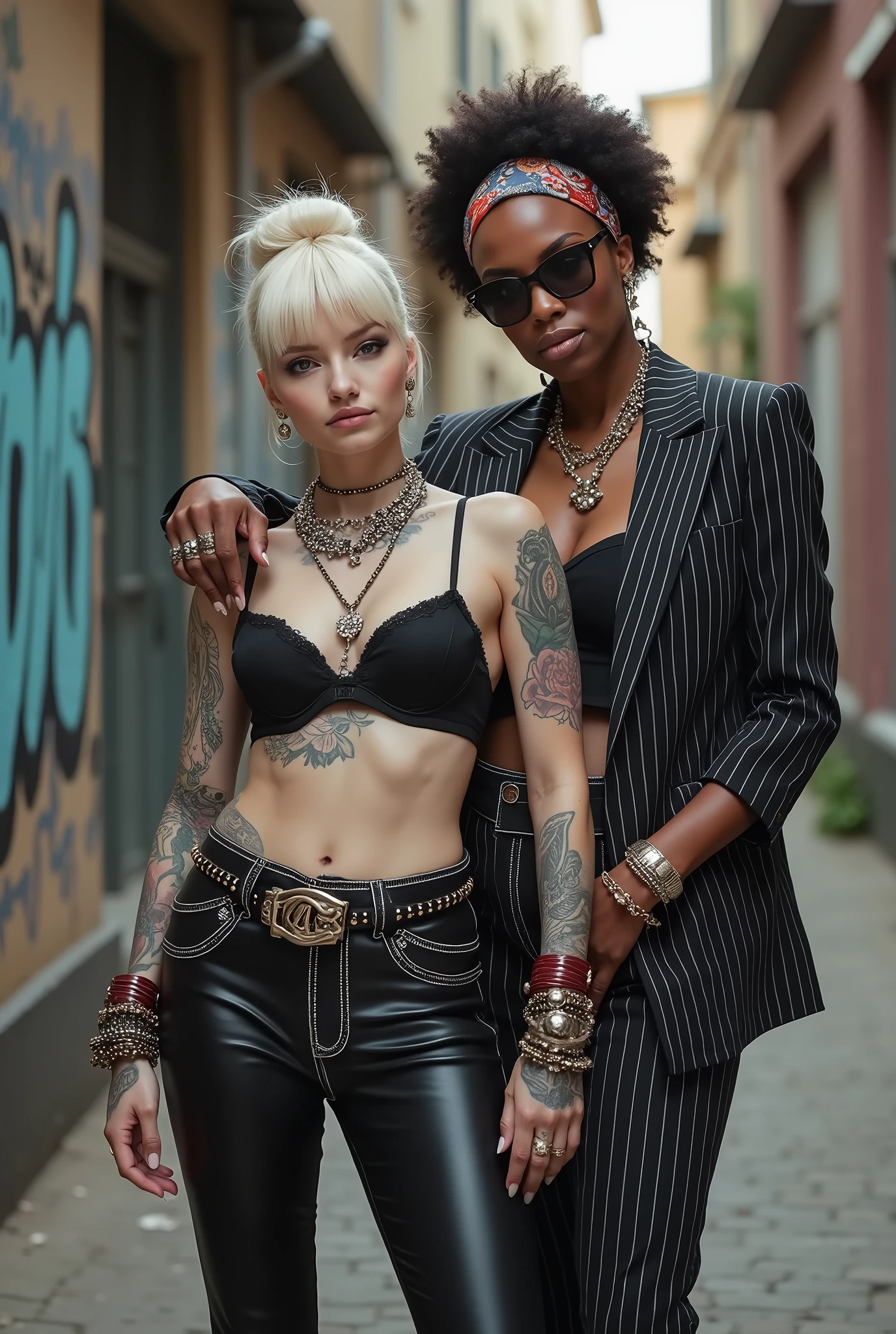 Two russian old milf women: the dominant aggressive dark skinned black woman in business pinstripe suit (jacket and trousers), black heeled shoeslong nails and afro hair, standing up with separated legs and possessive stance showing off her new white girlfriend to the camera (arm around her girlfriends' shoulder squishing her tightly, and grabbing tightly the white woman arm with her other hand, like a predator on her prey). Next to her, her white rich drunk girlfriend looks at the camera (white woman is very pale: pale face, pale neck, pale chest, pale arms, pale hands, pale stomach, pale leg), white woman stretches her neck and looks at the camera feeling overwhelmed by her girlfriend. white woman leans on her girlfriend , feeling dizzy and needy. white woman is being seduced. White woman stands up with separated legs, White woman"s body is twisted and unstable, the hands of white woman are in her pockets. with hands on her belt. White woman dresses in rock chic style: Black skinny leather low rise jeans with white seams, platinum blonde hair (pouf, top bun, wide colourful bandana as headband) and oversized square sunglasses as headband. Big lips with no makeup. Black studded leather push up bra with white seams, big breasts. Barefoot.. Lots of thick wide studded bracelets in the wrists of the white woman, big pearl necklaces around the neck of the white woman, and big rings, Pearl earrings. Wide loose studded belt with big solid buckle. Loose chains and studded belts around the hips of the white woman. White woman is lazy, leaning on her girlfriend.. The white woman is densely tattooed on neck, tattoed chest, tattoed arms, tattoed stomach, tattoed legs, wrists and feet. White woman has well Toned abdominals, thin neck, slim legs and thin arms. White woman has Narrow hips and noticeable tigh gap. The body of the white woman is twisted in a lazy posture. Full body. On a narrow street with graffitied walls