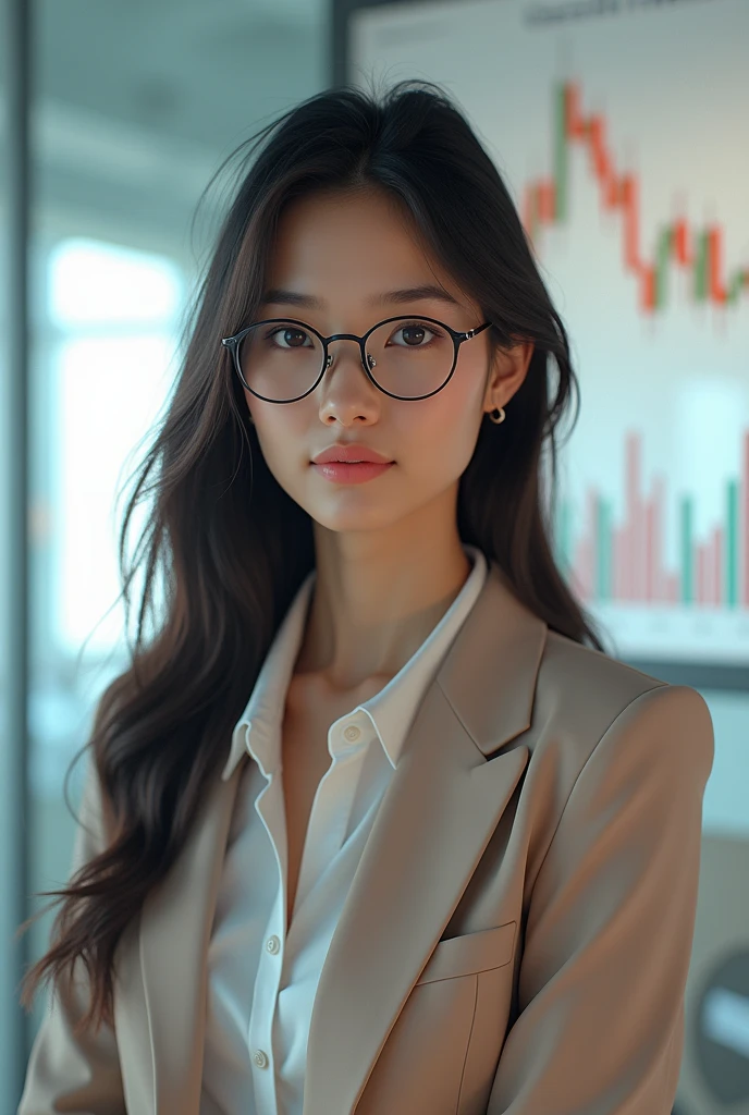a beautiful young woman exuding an air of confidence and intellect in a sleek modern office space beside a complex financial chart on the wall, you can feelher analytical mind at work, straight in the camera gaze, slightly smiling, full body, top model measurements, office dresscode in pastel colors, wearing glasses, cute face, still very professional, by Alejandro Burdisio