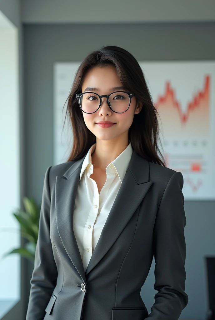 a beautiful young woman exuding an air of confidence and intellect in a sleek modern office space beside a complex financial chart on the wall, you can feelher analytical mind at work, straight in the camera gaze, slightly smiling, full body, top model measurements, office dresscode in pastel colors, wearing glasses, cute face, still very professional, by Alejandro Burdisio