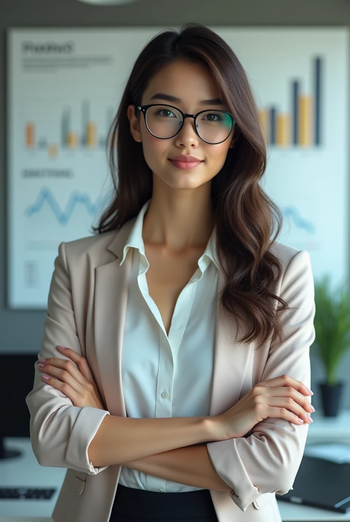 a beautiful young woman exuding an air of confidence and intellect in a sleek modern office space beside a complex financial chart on the wall, you can feelher analytical mind at work, straight in the camera gaze, slightly smiling, full body, top model measurements, office dresscode in pastel colors, wearing glasses, cute face, still very professional, by Alejandro Burdisio