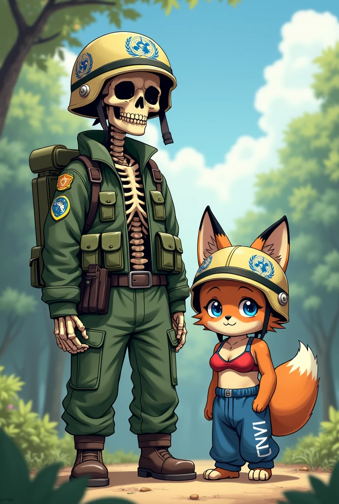 Brazilian skeleton soldier with UN helmet, with the company of a furry fox in a bra and sweatpants with a UN helmet on a peace mission in a cute sexy anime drawing.