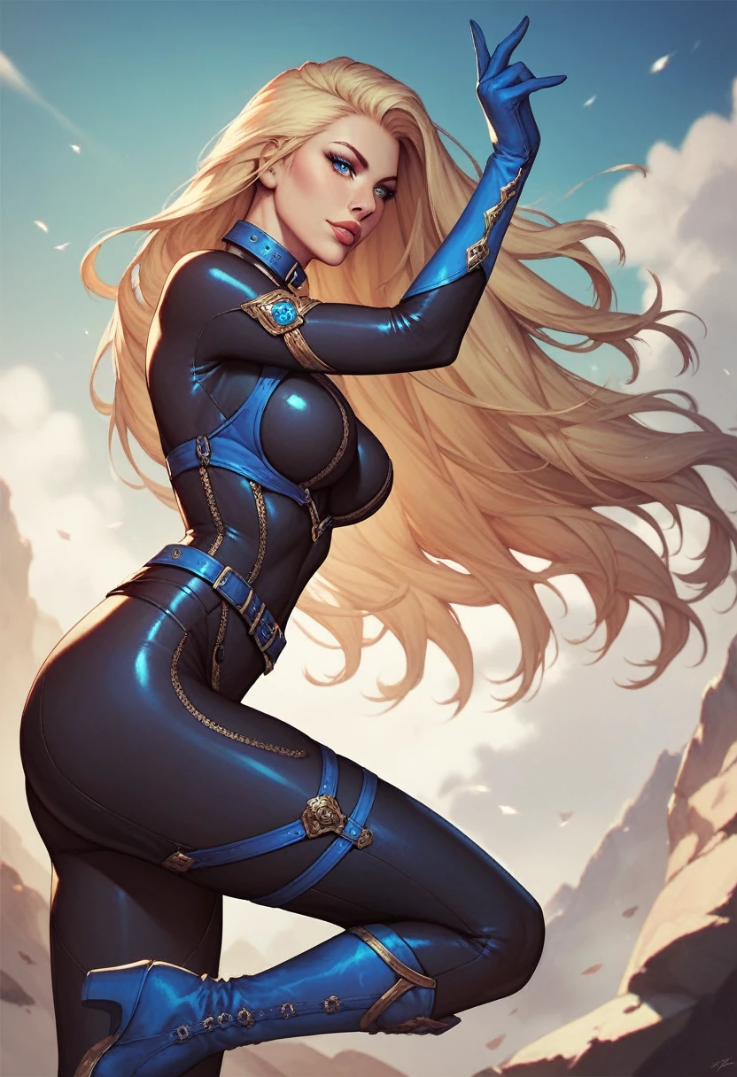 1girl, long blonde, delicate beautiful, detailed face, detailed eyes, detailed lips, black bodysuit, blue collar, blue belt, blue gloves, blue boots,