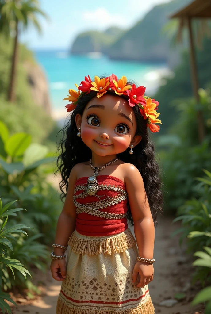 Create a scene where an adorable real baby girl is wearing a costume of the cartoon character Moana ultra realistic 4k motion camera