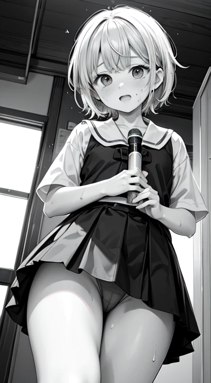 Highest quality,Ultra-wide angle composition、Elementary school girl Sweaty face cute short hair boyish My hair is wet with sweat Stick a recorder in your crotch Blissful expression