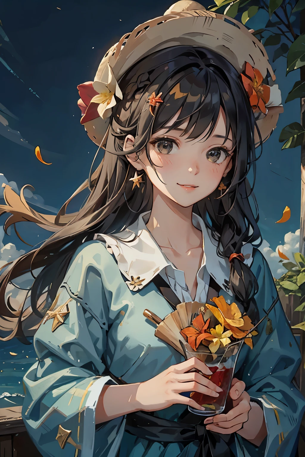 1 Girl, Solitary, starfish, seashell, shell, flower, have, Hair accessories, jewelry, straw have, Looking at the audience,have flower, straw, Hairpin, earrings, red flower,yellow flower, Bangs,Colorful hair, orange flower, Black Hair, ring, cup, Long hair, food, black hair, portrait, shell Hair accessories ,gale,Smile,Black eyes,straw hat,Girl,In the fields