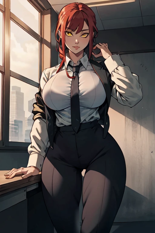 masterpiece,best quality,extreme detail,8k,makima2,1girl,solo,red hair,yellow eyes,ringed eyes, ,With jacket: topless, huge breasts, ,long sleeves,jacket,white shirt,necktie,collared shirt,pants,black jacket,black pants,leggin ,suit,black necktie,shirt tucked in,office lady, hands in face 