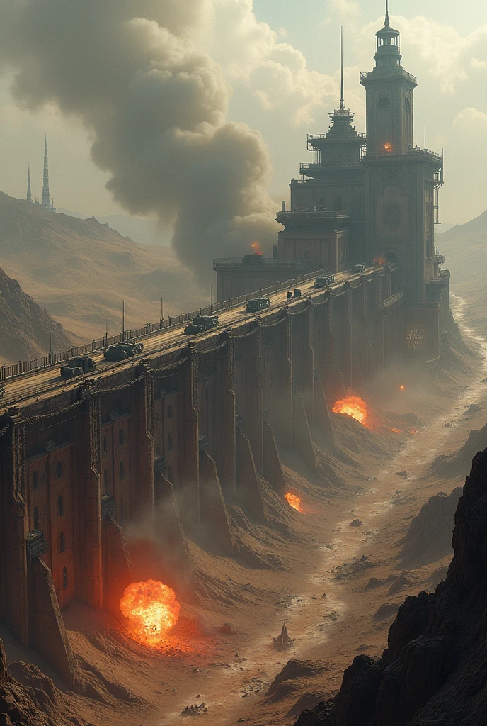 Create a highly realistic visual depiction of an Empire trench fortification stretching across the border, currently under heavy enemy artillery bombardment in a futuristic dieselpunk setting. The trench is fortified with thick, industrial walls, barbed wire, and mechanical defenses, running along a rugged landscape. The scene captures the chaos and destruction as artillery shells explode around the trench, sending debris, fire, and smoke into the air. The trench itself is partially damaged, with sections of the fortification crumbling under the relentless bombardment. The art style should emphasize the gritty, war-torn environment, focusing on the detailed design of the trench and the intense action of the bombardment, while showcasing the industrial aesthetics of the dieselpunk theme.