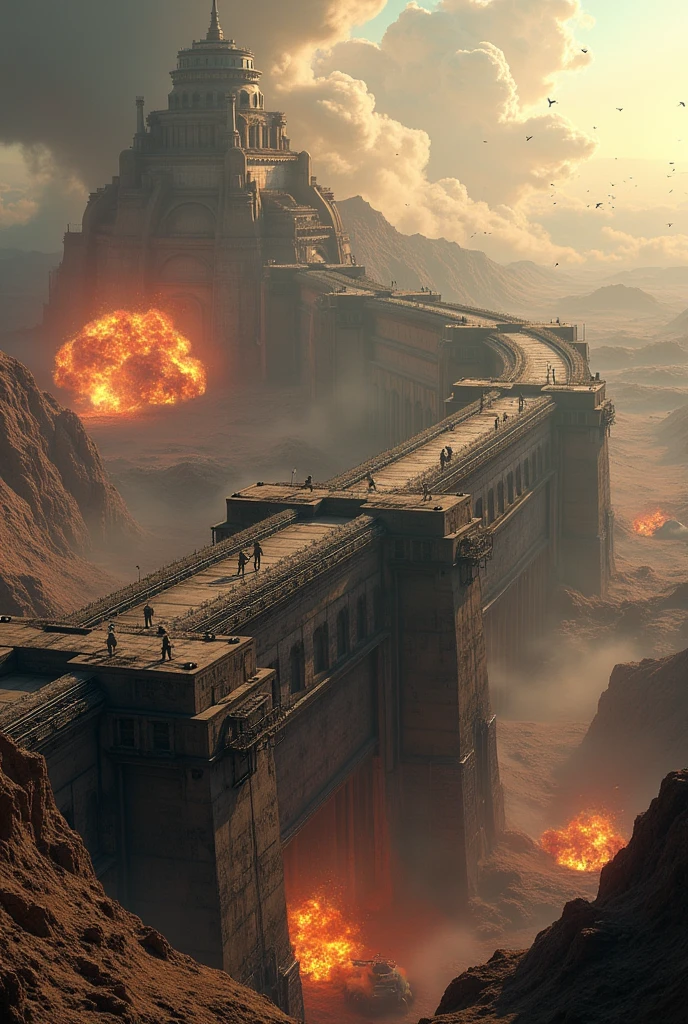 Create a highly realistic visual depiction of an Empire trench fortification stretching across the border, currently under heavy enemy artillery bombardment in a futuristic dieselpunk setting. The trench is fortified with thick, industrial walls, barbed wire, and mechanical defenses, running along a rugged landscape. The scene captures the chaos and destruction as artillery shells explode around the trench, sending debris, fire, and smoke into the air. The trench itself is partially damaged, with sections of the fortification crumbling under the relentless bombardment. The art style should emphasize the gritty, war-torn environment, focusing on the detailed design of the trench and the intense action of the bombardment, while showcasing the industrial aesthetics of the dieselpunk theme.