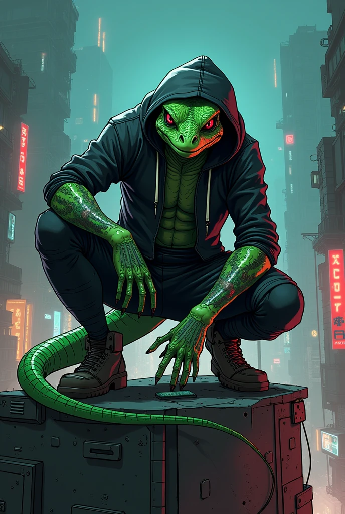 illustrative art anime cyberpunk style, lizard head, 1 tail , greenskin, lizard head, lizard man, cyber right arm, Eyes red, wearing hooligan clothes, hooded, tatuados, futuristic favela scene at night, on top of a building, squatting down , athletic body,serious face, half cyborg, Focus on character and setting, serious face, Raby, showing the character completely,holding a transparent chip.