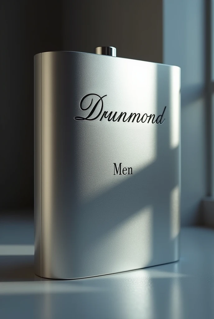Silver perfume packaging with Drummond written in cursive and MEN written underneath 