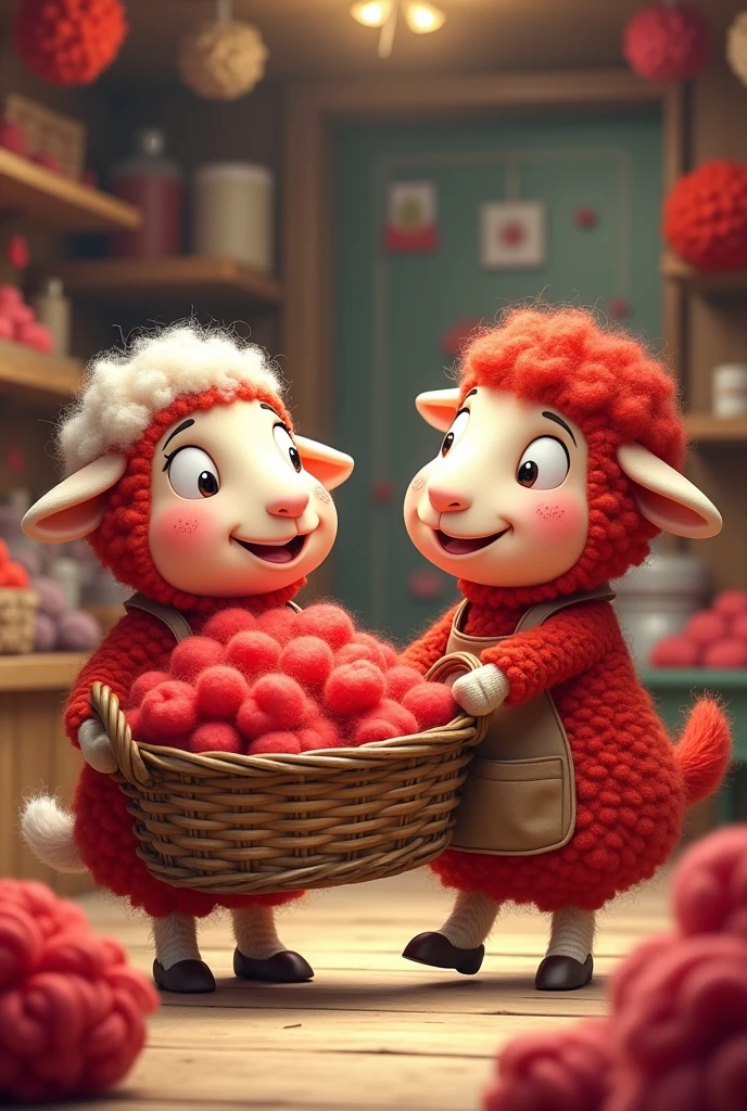 Two cute cartoon red sheep shopkeeper standing his woollen products shop a happy customer with big basket fullof red wool went back