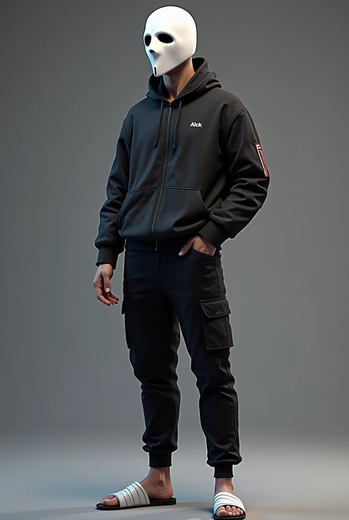 Free Fire character, hat, white mask, black jacket, black pants and white slippers, the Free Fire character, alok