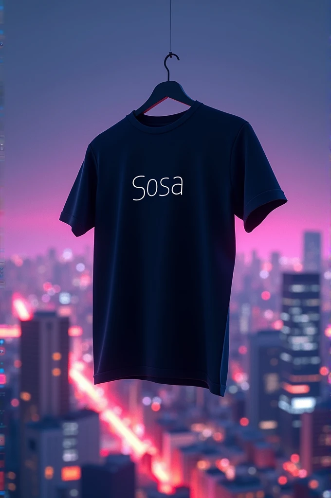 A floating 3D black t-shirt with a Tokyo night background with purple neon lights and Sosa highlighted