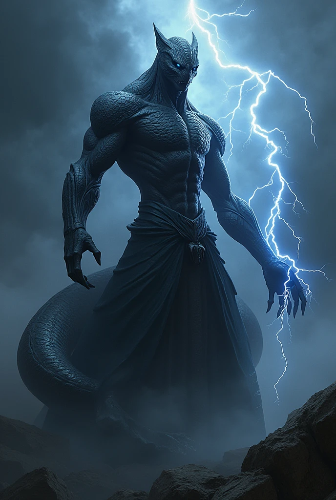 Black half snake man with cold temperament and thunder powers