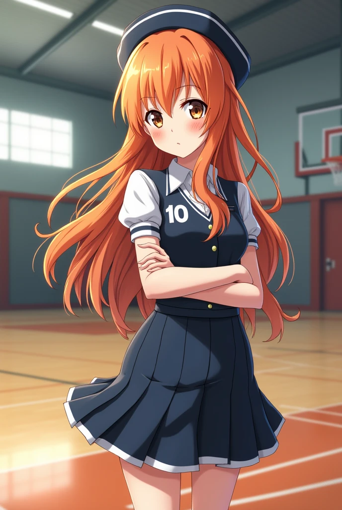 Haikiyuu, anime, Haikiyuu Gym, long loose orange hair, light brown eyes, porter&#39;s clothing with the number 10, female. 