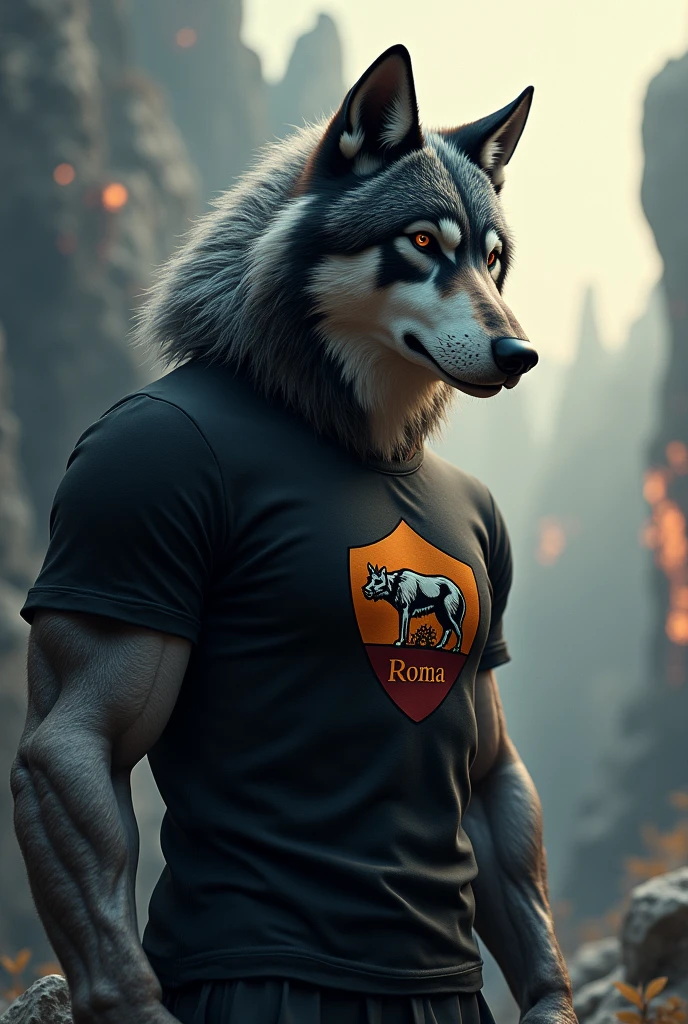 Design a wolf with the black t-shirt with the imposing Roma logo, strong and special image as a cover photo as for a vs. Surreal image, 3d professional looking sideways as if for a versus