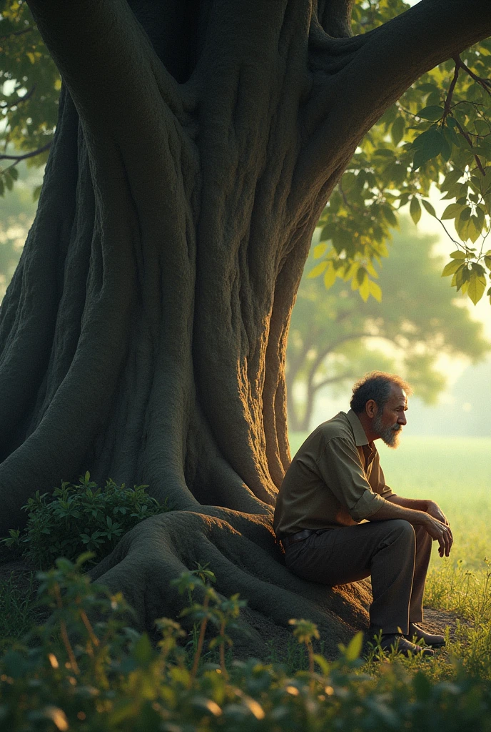 The final reflection**
**Description:** The last image shows José Arcadio Buendía sitting under a tree, reflecting on the lived experience. The atmosphere is calm, with a feeling of peace. The image conveys a sense of wisdom gained through suffering., and the resilience of Macondo as a place where life goes on, Nonetheless.