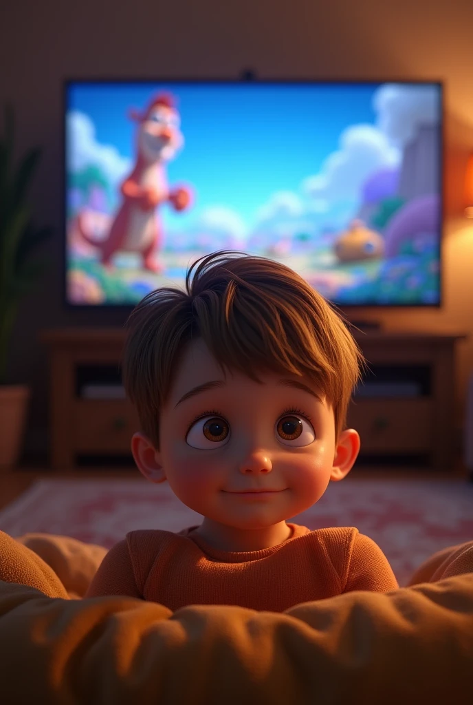  boy, short hair, light brown hair, straight hair, bangs, brown eyes, half-open eyes, big cheeks, round face, show him watching cartoons on TV, pixar, Disney, hyper-realistic