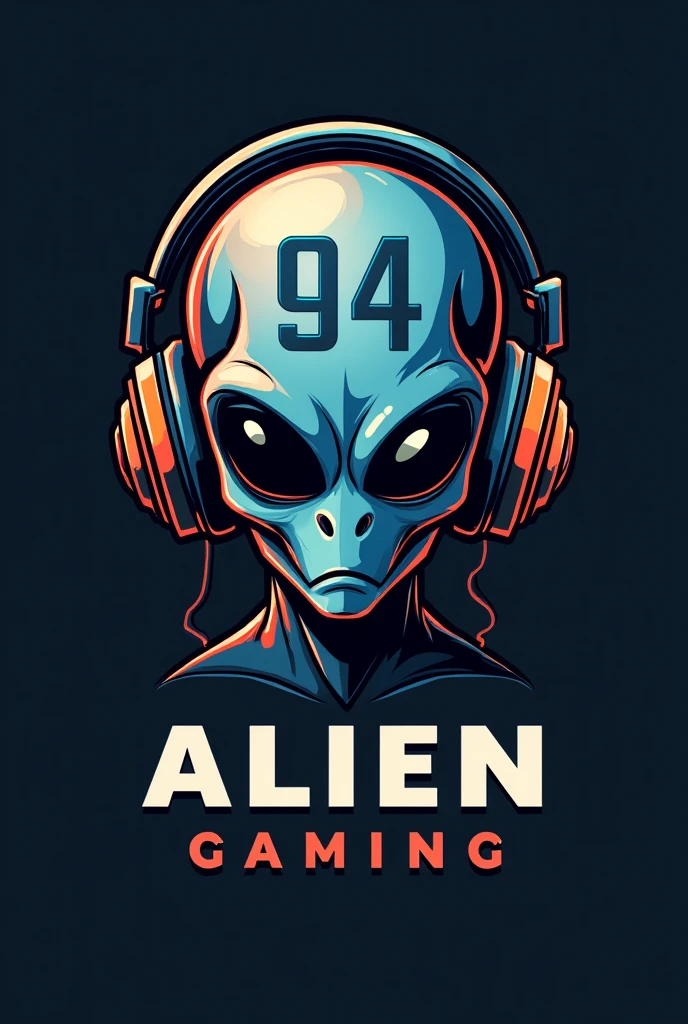 Logo with the head of an alien with large headphones and black eyes with the word alien gaming at the bottom and the number 94 on its head