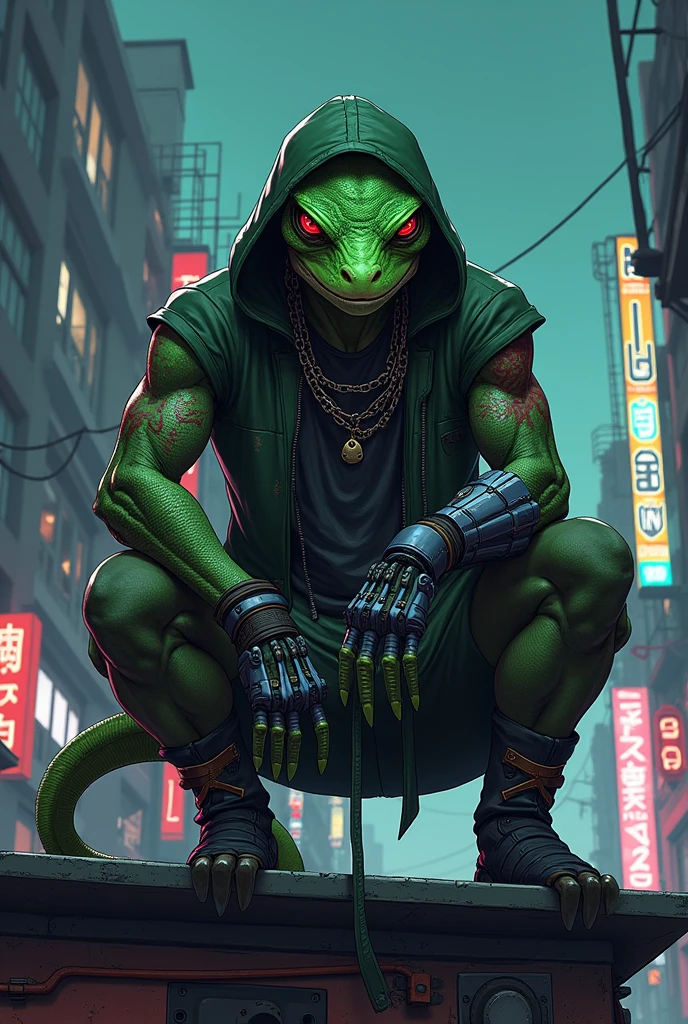 illustrative art anime cyberpunk style, lizard head, 1 tail , greenskin, lizard head, lizard man, cyber right arm, Eyes red, wearing hooligan clothes, hooded, tatuados, futuristic favela scene at night, on top of a building, squatting down , athletic body,serious face, half cyborg, Focus on character and setting, serious face, Raby, showing the character completely,holding a transparent chip.